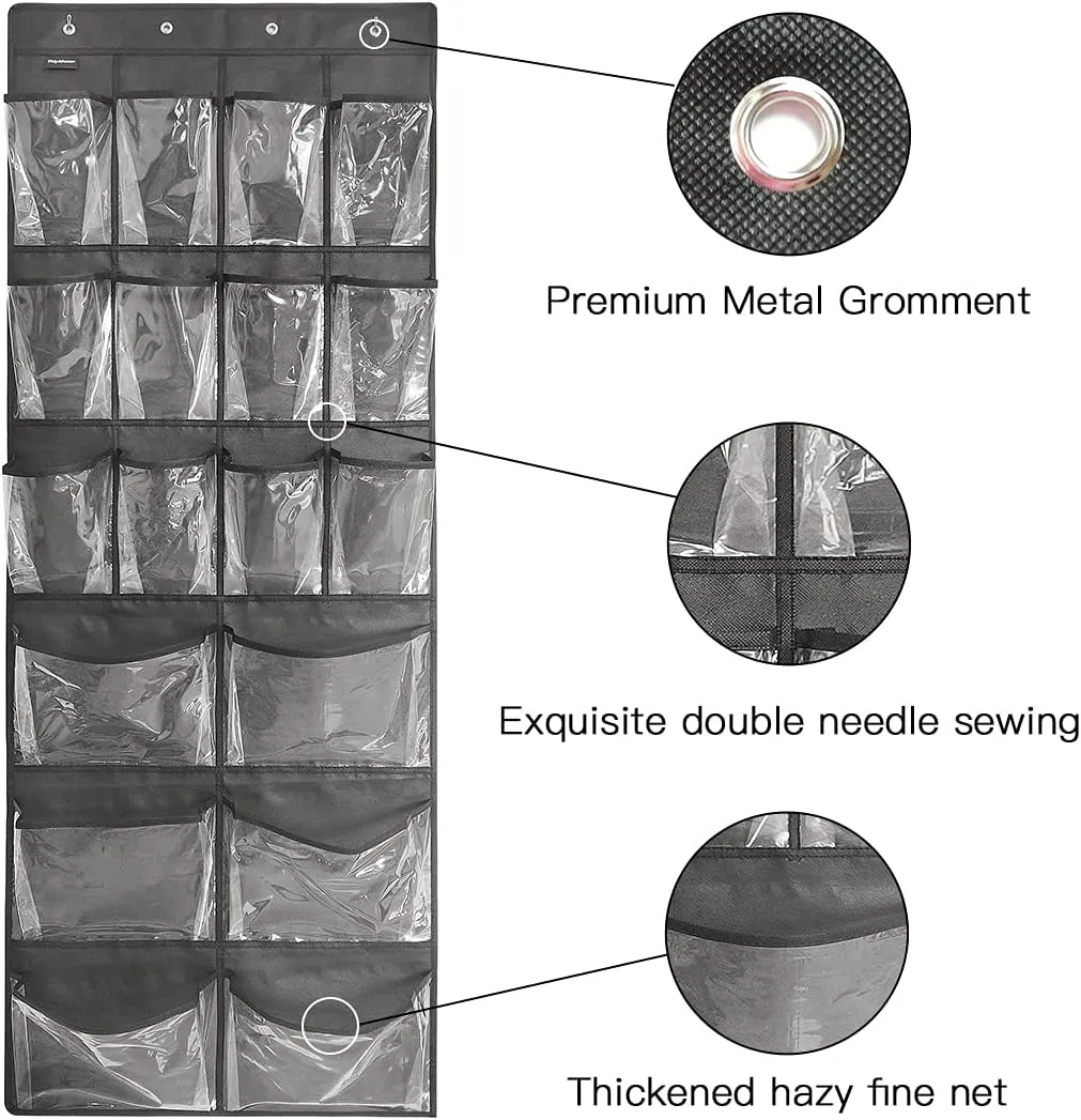 Extra Large Hanging Over Door Shoe Organizer, Closet Shoe Rack - 12 6 Crystal Pockets, 4 Hooks, Black (59"x 21.6")