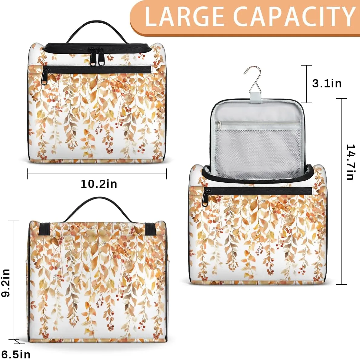 Fall Leaves Autumn Travel Toiletry Bag for Women Large Capacity Wide-open Makeup Organizer Cosmetic Travel Bags for Toiletries