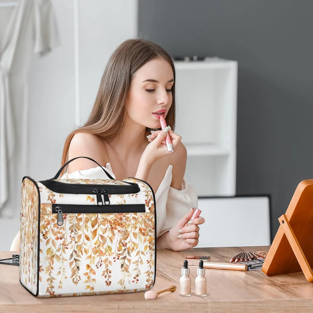 Fall Leaves Autumn Travel Toiletry Bag for Women Large Capacity Wide-open Makeup Organizer Cosmetic Travel Bags for Toiletries