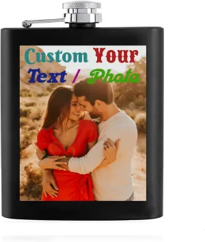 Father Day Gifts Personalized Flask - Custom Customized Text Picture Stainless Steel Pocket Hip Whiskey Flask for Liquor Personalized Gifts for Men Dad Husband Boyfriend (7oz, Black)