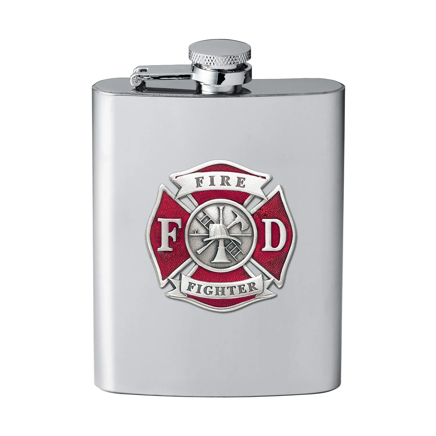 Firefighter Flask | 8 Ounce Liquor Flask Container - Stainless Steel | Intricately Crafted Metal Pewter Alma Mater Inlay