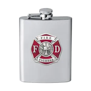 Firefighter Flask | 8 Ounce Liquor Flask Container - Stainless Steel | Intricately Crafted Metal Pewter Alma Mater Inlay