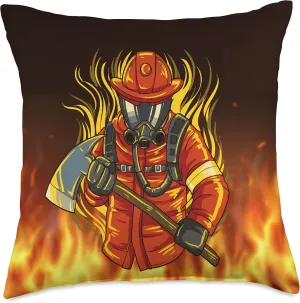 Firefighter in the flames with his axe for rescue Throw Pillow