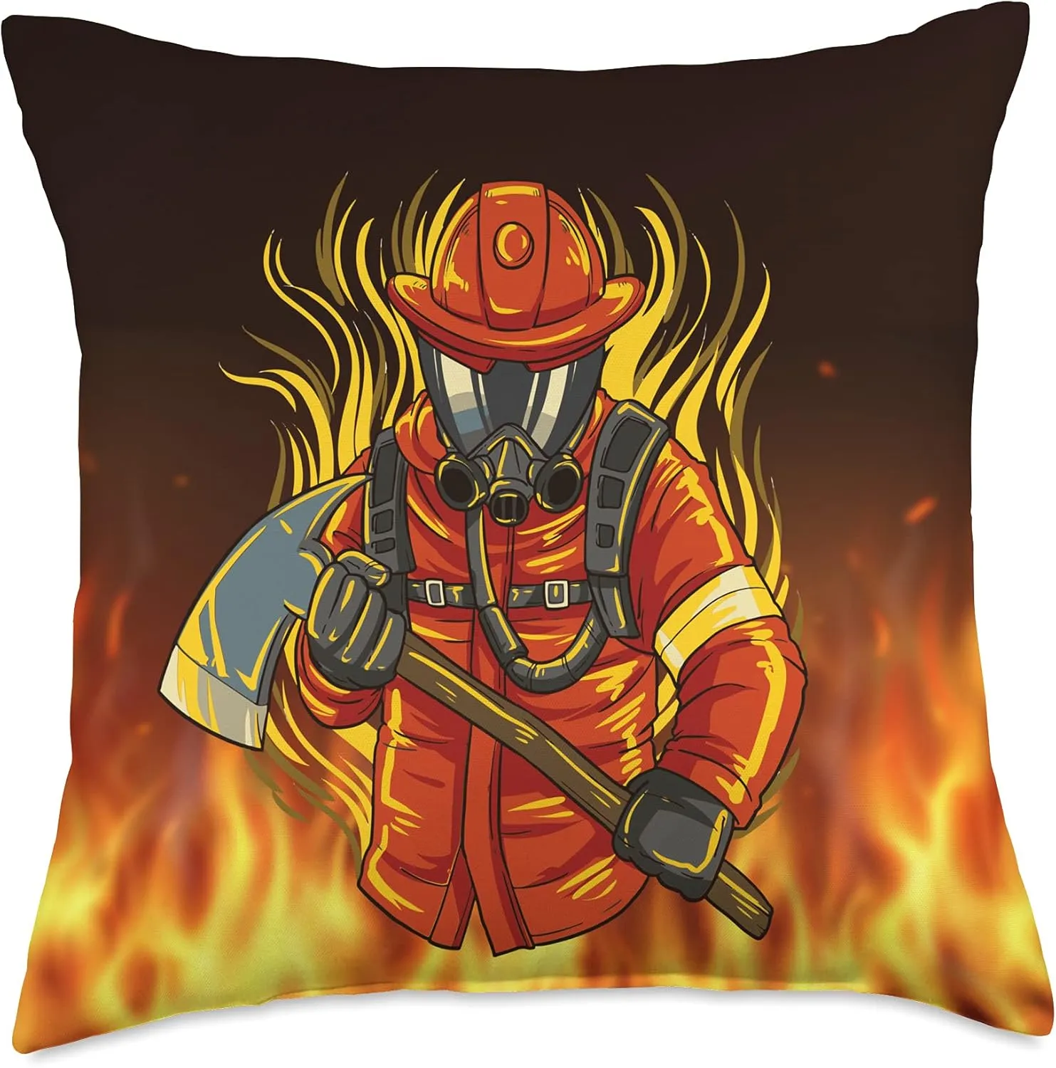 Firefighter in the flames with his axe for rescue Throw Pillow