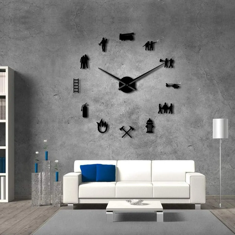 Firefighter Love DIY Giant Wall Clock Fire Department Office Big Clock Watch Firefighting Rescue Volunteer Axe Hydrant Equipment Black 47Inch(120cm)