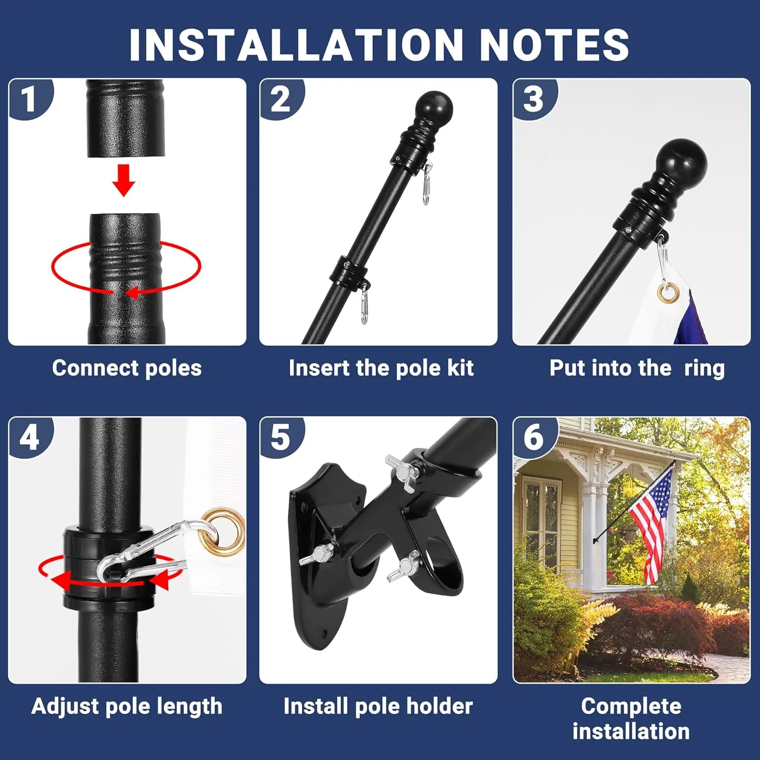 Flag Pole,6FT Flag Pole Kit(2 Packs) for 3' x 5'American Flag, Flag Pole Holder for Outside House,Truck & Boat Use (Without Bracket) (Black)