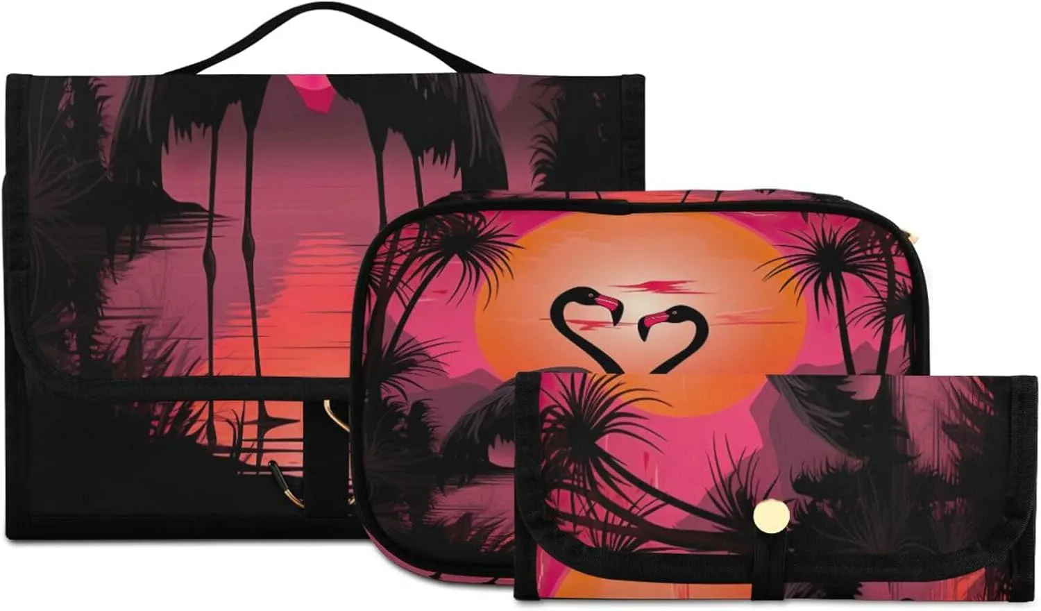 Flamingo at Sunset Toiletry Bag 3 Pack Travel Make Up Bags Waterproof Cosmetic Bags Hanging Organizer Accessories for Women/Men