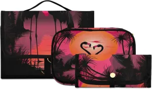 Flamingo at Sunset Toiletry Bag 3 Pack Travel Make Up Bags Waterproof Cosmetic Bags Hanging Organizer Accessories for Women/Men