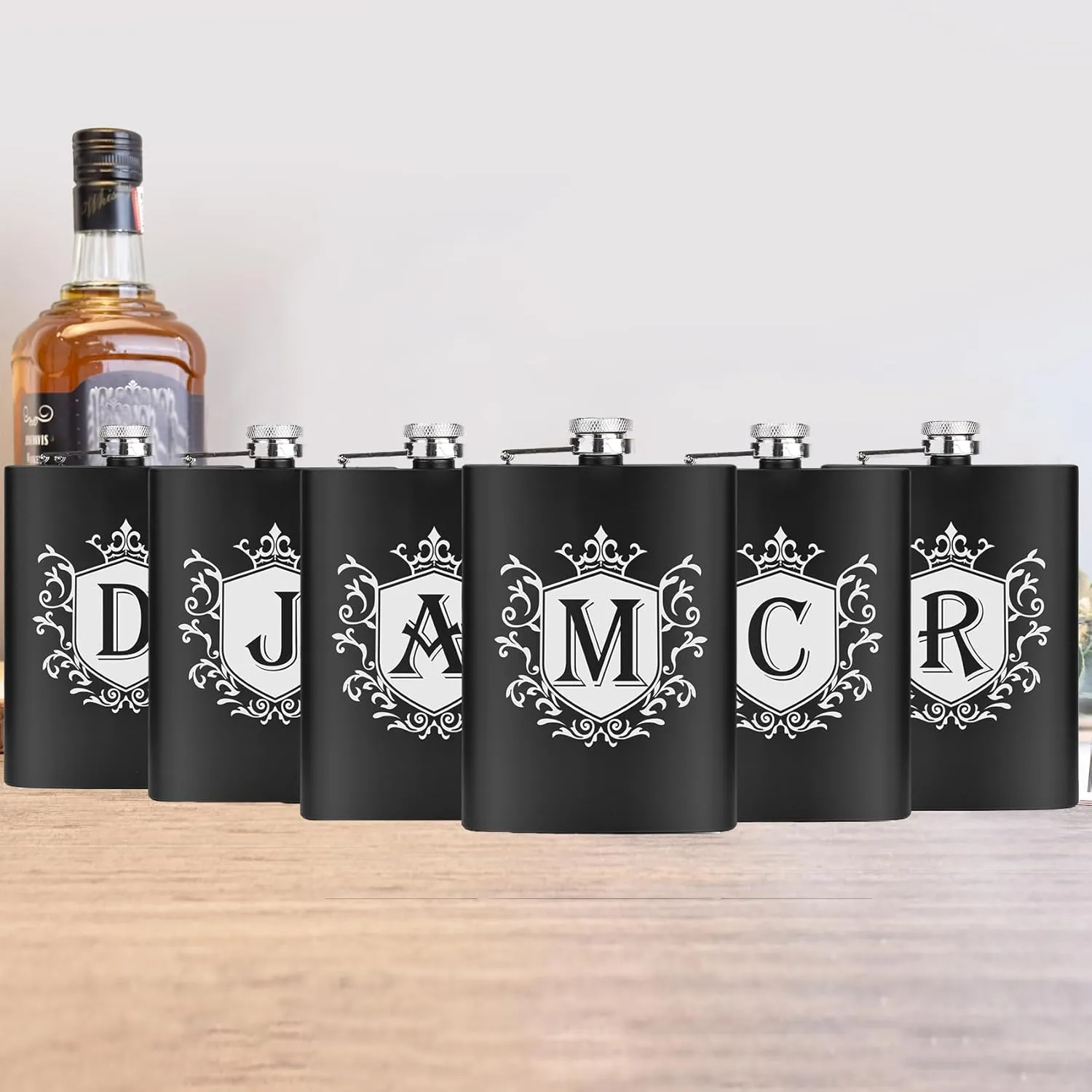 Flask for Men with Initials Engraved Stainless Steel Whiskey Hip Flasks for Liquor with Funnel 8 OZ Monogrammed Groomsmen Gifts Personalized Christmas Birthday Gifts for Dad Him Letter J