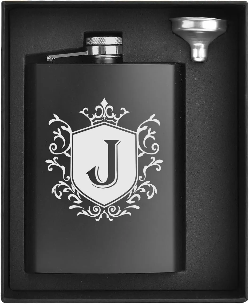 Flask for Men with Initials Engraved Stainless Steel Whiskey Hip Flasks for Liquor with Funnel 8 OZ Monogrammed Groomsmen Gifts Personalized Christmas Birthday Gifts for Dad Him Letter J