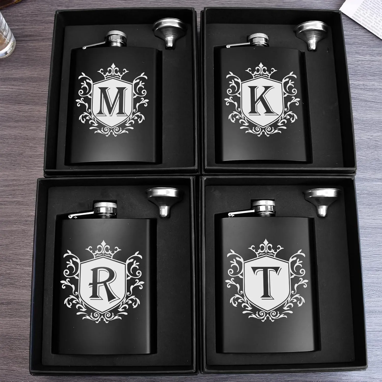 Flask for Men with Initials Engraved Stainless Steel Whiskey Hip Flasks for Liquor with Funnel 8 OZ Monogrammed Groomsmen Gifts Personalized Christmas Birthday Gifts for Dad Him Letter J