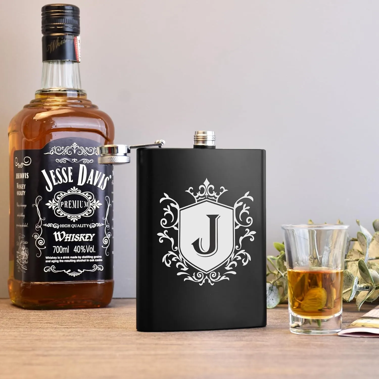 Flask for Men with Initials Engraved Stainless Steel Whiskey Hip Flasks for Liquor with Funnel 8 OZ Monogrammed Groomsmen Gifts Personalized Christmas Birthday Gifts for Dad Him Letter J