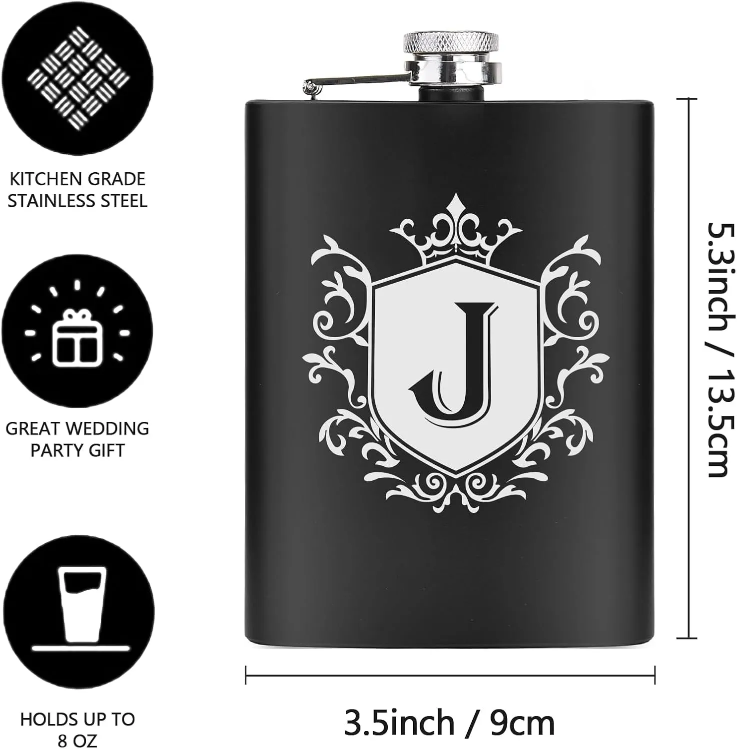 Flask for Men with Initials Engraved Stainless Steel Whiskey Hip Flasks for Liquor with Funnel 8 OZ Monogrammed Groomsmen Gifts Personalized Christmas Birthday Gifts for Dad Him Letter J