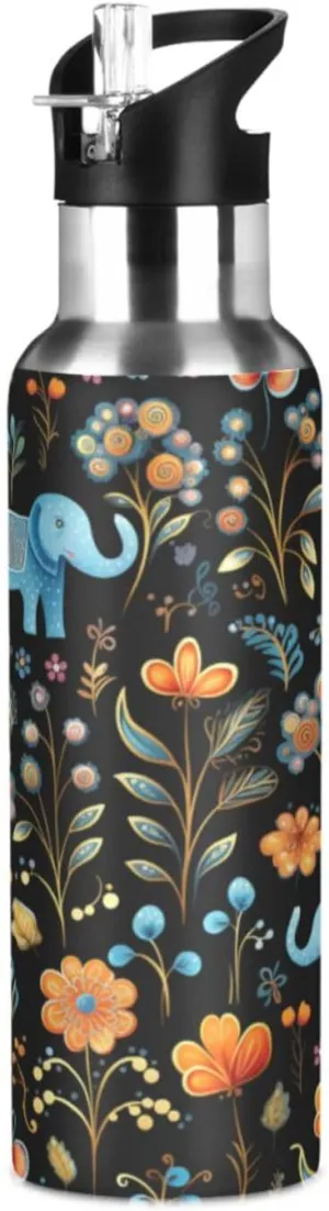 Flower Pattern Cute Elephants Sport Water Bottle Insulated Stainless Steel Large Vacuum Flask Leak Proof Thermos with Straw for Travel(600ml/1000ml)