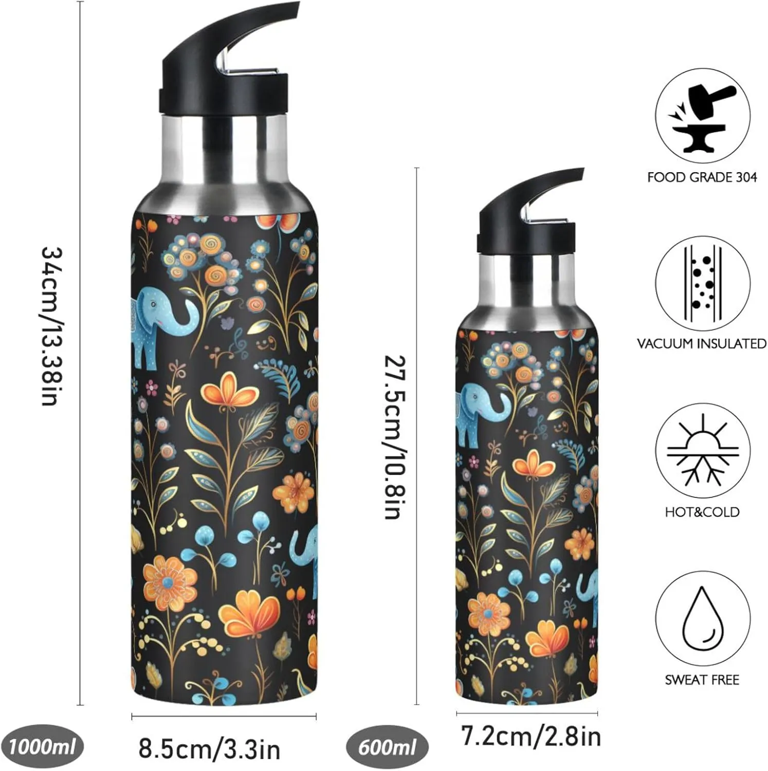 Flower Pattern Cute Elephants Sport Water Bottle Insulated Stainless Steel Large Vacuum Flask Leak Proof Thermos with Straw for Travel(600ml/1000ml)