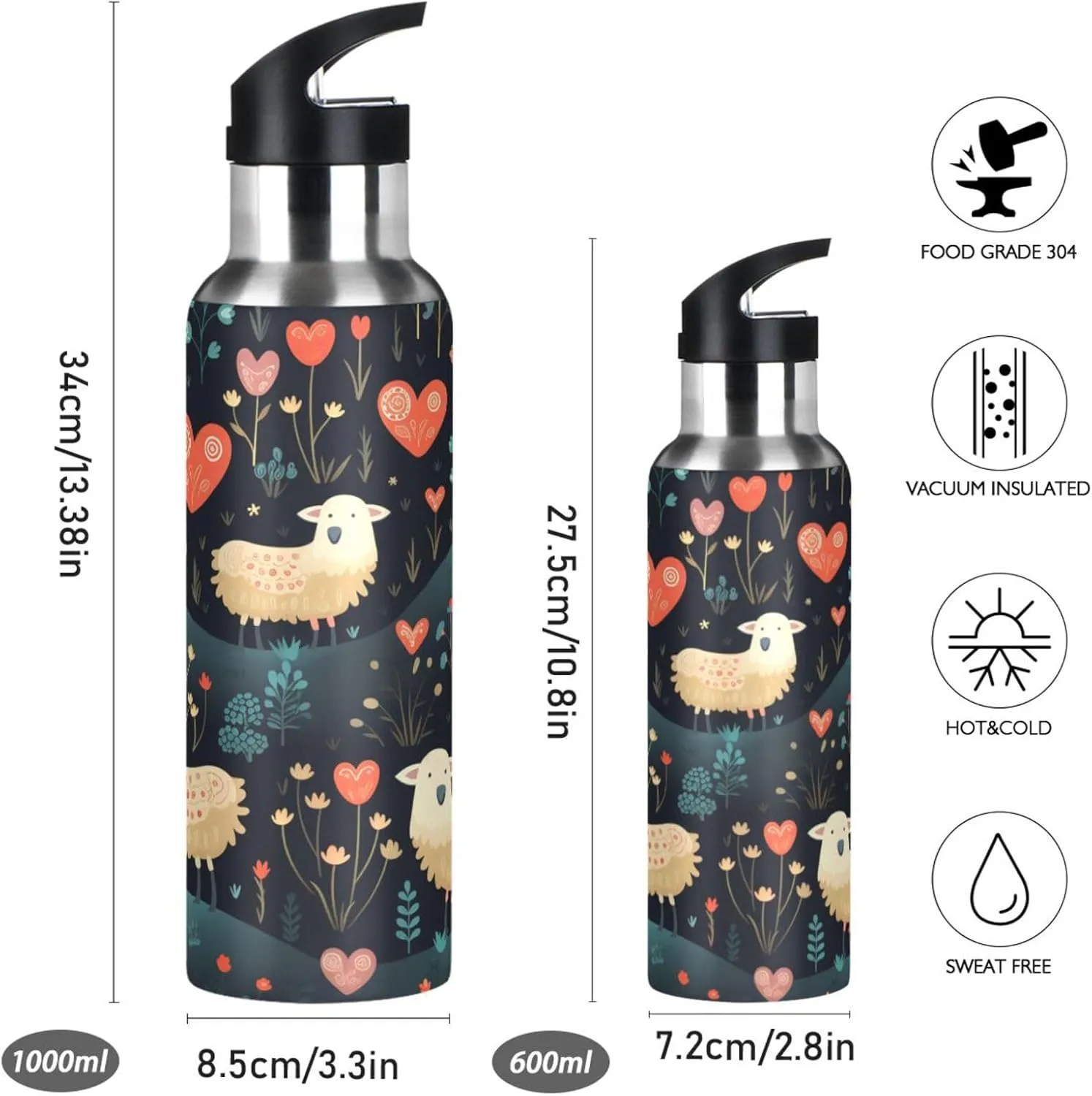 Flower Pattern Cute Little Sport Water Bottle Insulated Stainless Steel Large Vacuum Flask Leak Proof Thermos with Straw for Travel(600ml/1000ml)