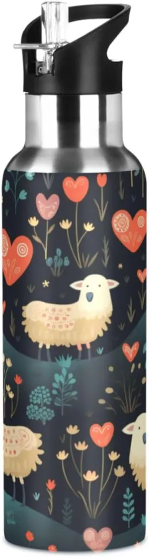 Flower Pattern Cute Little Sport Water Bottle Insulated Stainless Steel Large Vacuum Flask Leak Proof Thermos with Straw for Travel(600ml/1000ml)
