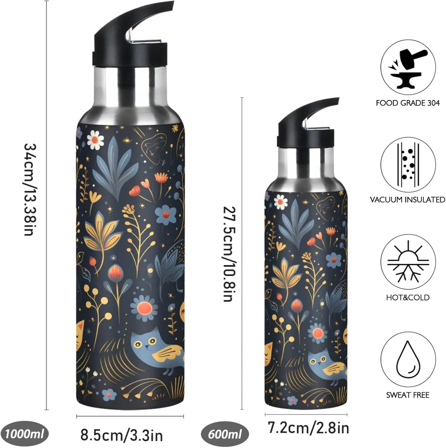 Flower Pattern Cute Wolves Sport Water Bottle Insulated Stainless Steel Large Vacuum Flask Leak Proof Thermos with Straw for Travel(600ml/1000ml)