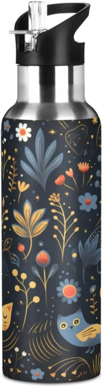 Flower Pattern Cute Wolves Sport Water Bottle Insulated Stainless Steel Large Vacuum Flask Leak Proof Thermos with Straw for Travel(600ml/1000ml)