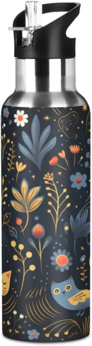 Flower Pattern Cute Wolves Sport Water Bottle Insulated Stainless Steel Large Vacuum Flask Leak Proof Thermos with Straw for Travel(600ml/1000ml)