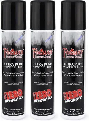 Foghat Culinary Butane Fuel Refill (3 x 60ml) - Torch Lighter Butane Refill Canister, Fits All Kitchen Smoking Torches - Food Grade Ultra Refined For Cocktail Smoker Kit, Creme Brulee Torch