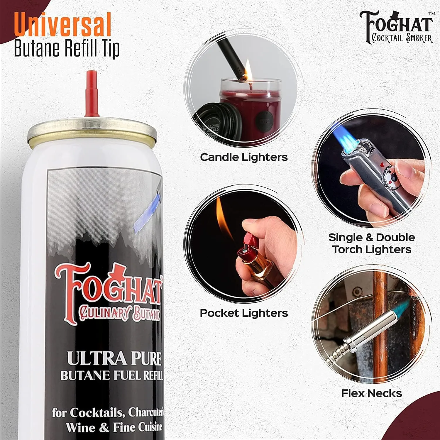 Foghat Culinary Butane Fuel Refill (3 x 60ml) - Torch Lighter Butane Refill Canister, Fits All Kitchen Smoking Torches - Food Grade Ultra Refined For Cocktail Smoker Kit, Creme Brulee Torch