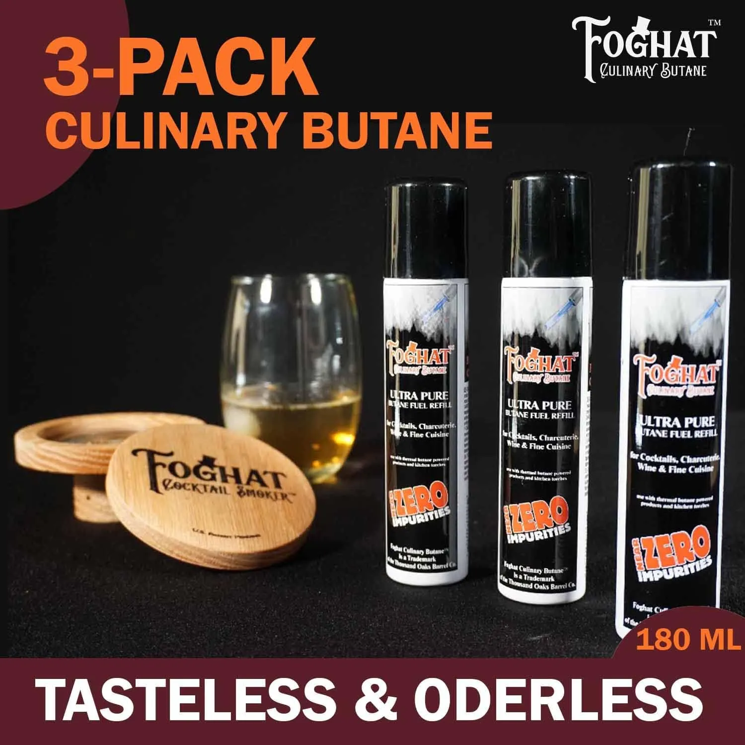 Foghat Culinary Butane Fuel Refill (3 x 60ml) - Torch Lighter Butane Refill Canister, Fits All Kitchen Smoking Torches - Food Grade Ultra Refined For Cocktail Smoker Kit, Creme Brulee Torch