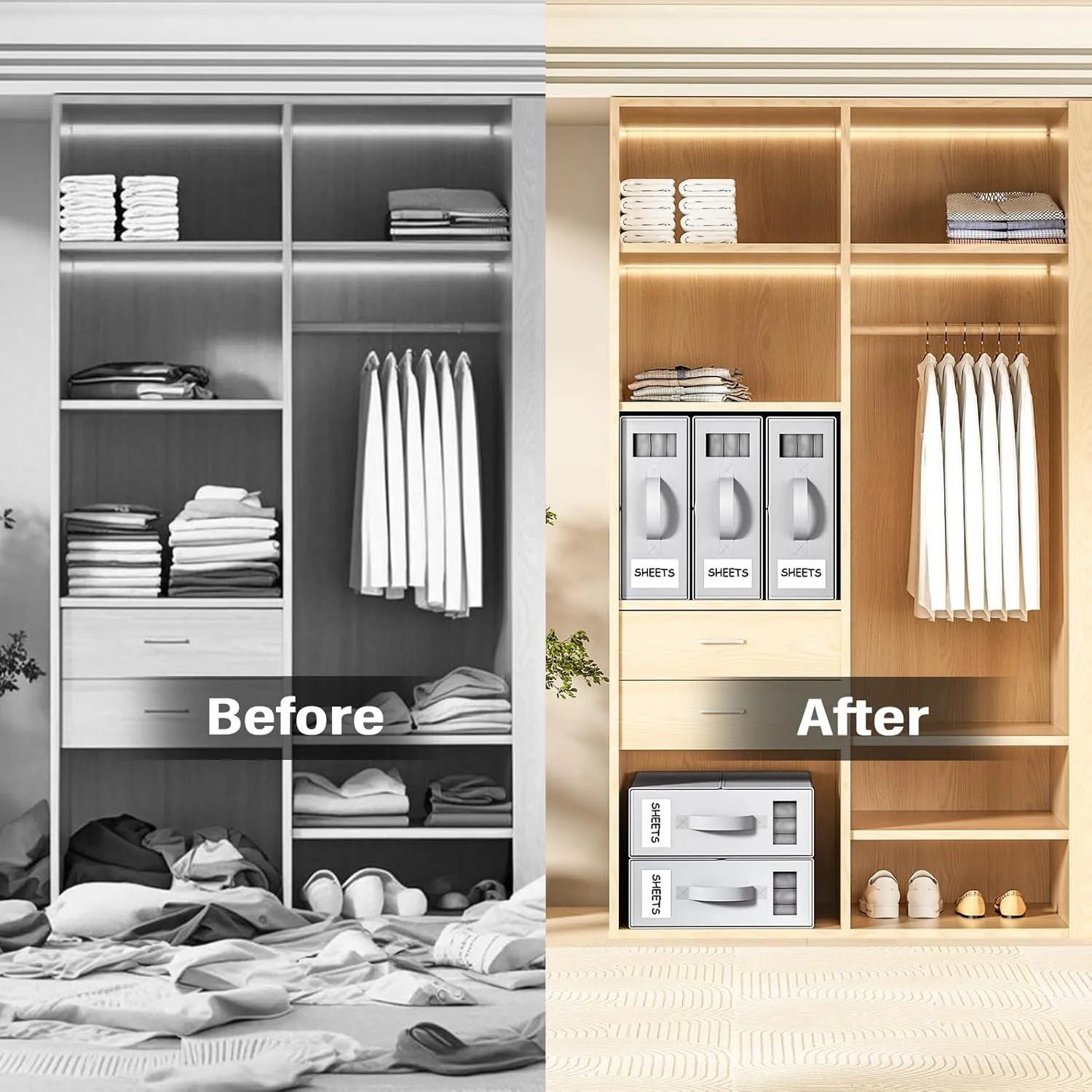 Foldable Bedding Organizer, Fabric Storage Bins for Bed Sheets, Duvet Covers and Pillowcases, Closet Organizer, Storage Container Boxes for Blankets, Clothes (6 pack(Queen or King), Grey)