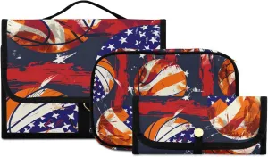 Foldable Hanging Travel Toiletry Organizer Set 3-Piece with Cosmetic Bag & Brush Holder - Basketball (14)