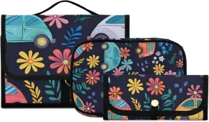 Foldable Hanging Travel Toiletry Organizer Set 3-Piece with Cosmetic Bag & Brush Holder - Cartoon Car Pattern (4)