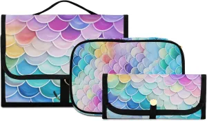 Foldable Hanging Travel Toiletry Organizer Set 3-Piece with Cosmetic Bag & Brush Holder - Colorful Dragon Scales (3)