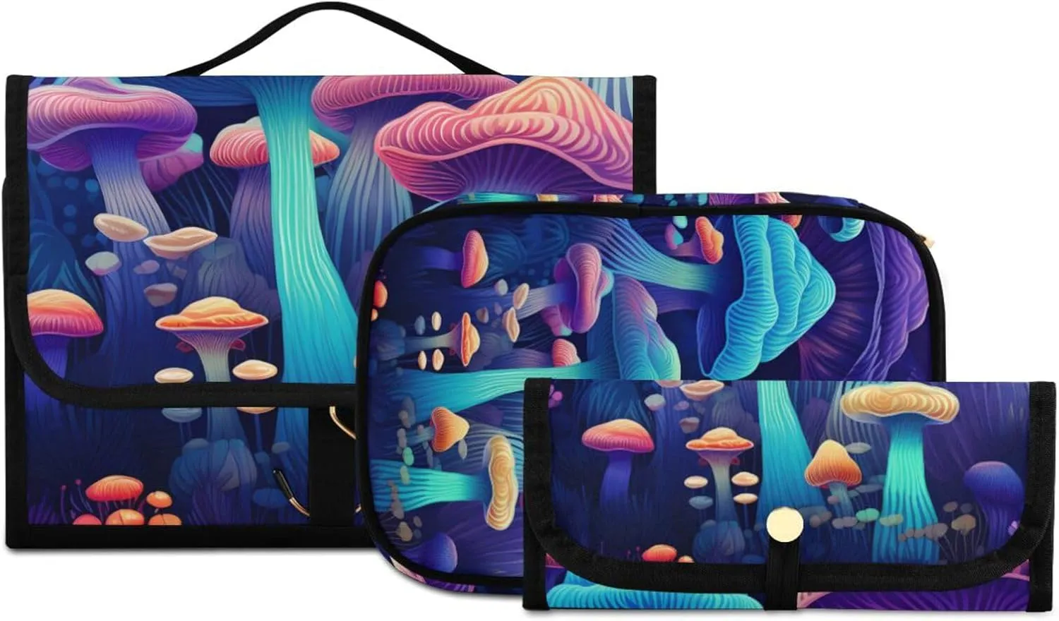 Foldable Hanging Travel Toiletry Organizer Set 3-Piece with Cosmetic Bag & Brush Holder - Cute Mushroom (3)