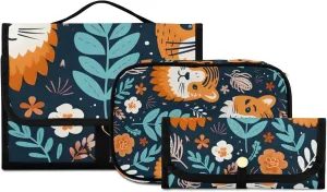 Foldable Hanging Travel Toiletry Organizer Set 3-Piece with Cosmetic Bag & Brush Holder - Cute Tiger (5)