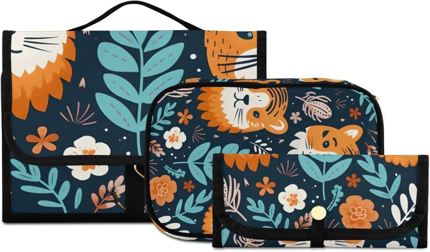 Foldable Hanging Travel Toiletry Organizer Set 3-Piece with Cosmetic Bag & Brush Holder - Cute Tiger (5)