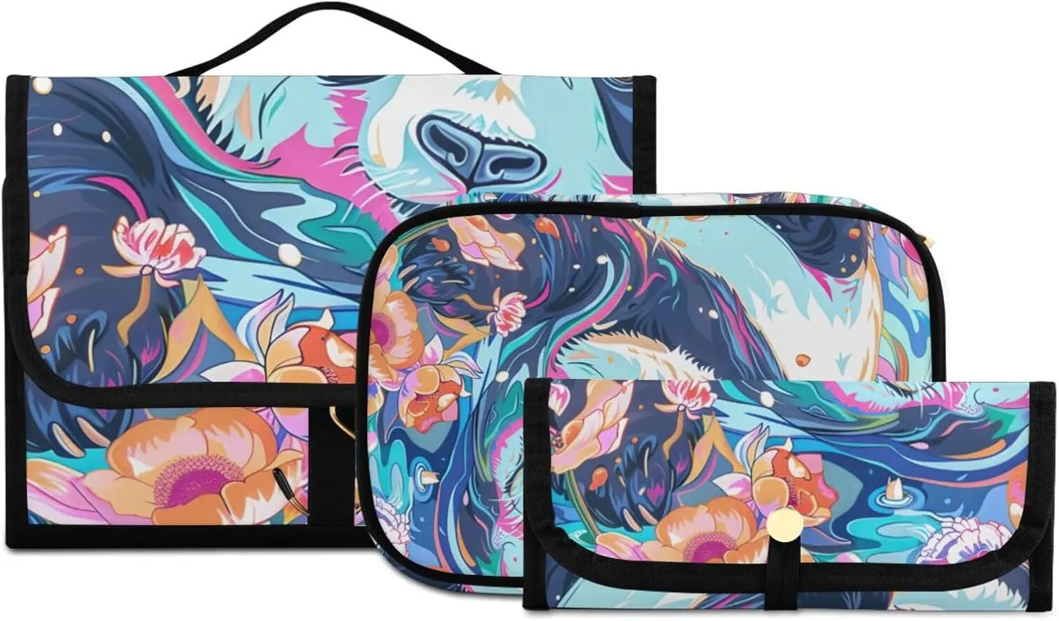 Foldable Hanging Travel Toiletry Organizer Set 3-Piece with Cosmetic Bag & Brush Holder - Panda (22)