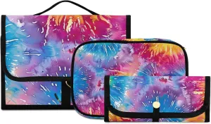 Foldable Hanging Travel Toiletry Organizer Set 3-Piece with Cosmetic Bag & Brush Holder - Tie Dye (2)