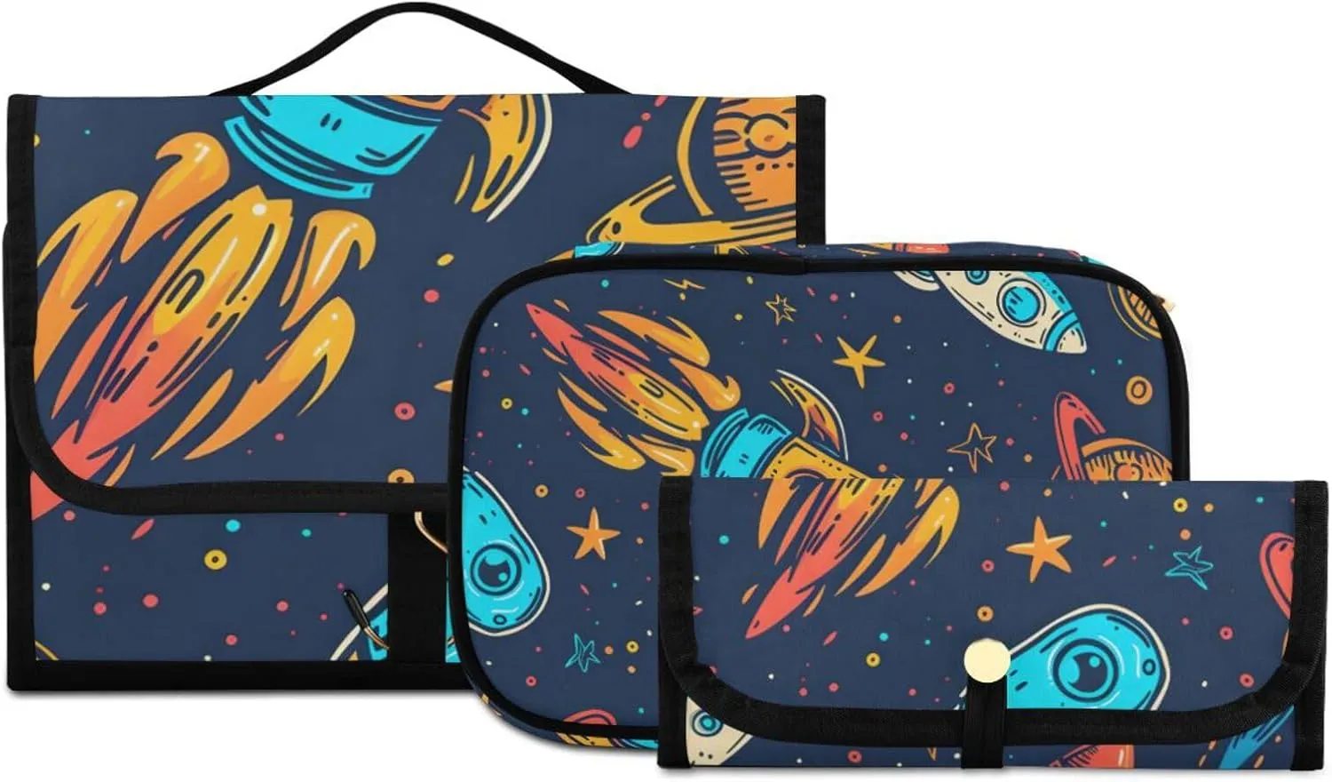 Foldable Hanging Travel Toiletry Organizer Set 3-Piece with Cosmetic Bag & Brush Holder - Universe Starry Sky Rocket (2)