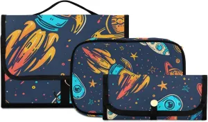 Foldable Hanging Travel Toiletry Organizer Set 3-Piece with Cosmetic Bag & Brush Holder - Universe Starry Sky Rocket (2)