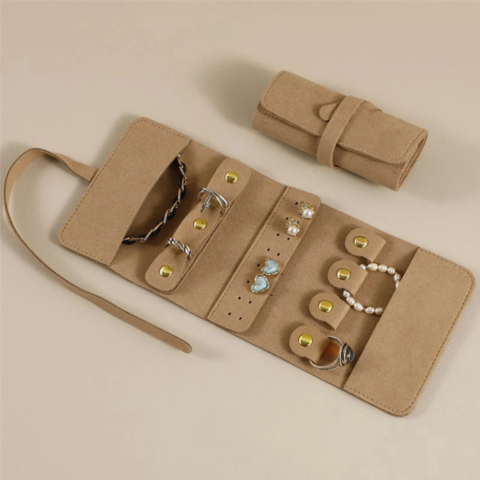 Foldable Jewelry Case Storage Bag Travel Portable Organizer Pouch Roll Khaki