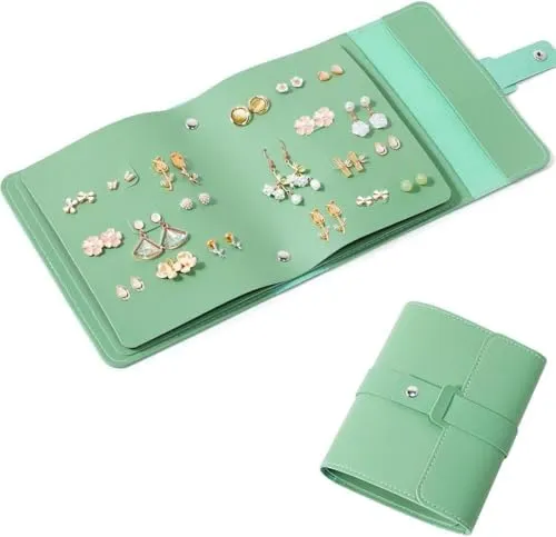 Foldable Leather Jewelry Organizer - Travel-Friendly Earring and Necklace Case for 84 Pairs - Premium Handcrafted Storage Solution (Seafoam Green)