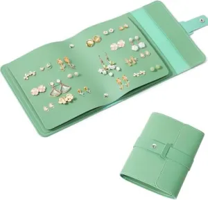Foldable Leather Jewelry Organizer - Travel-Friendly Earring and Necklace Case for 84 Pairs - Premium Handcrafted Storage Solution (Seafoam Green)
