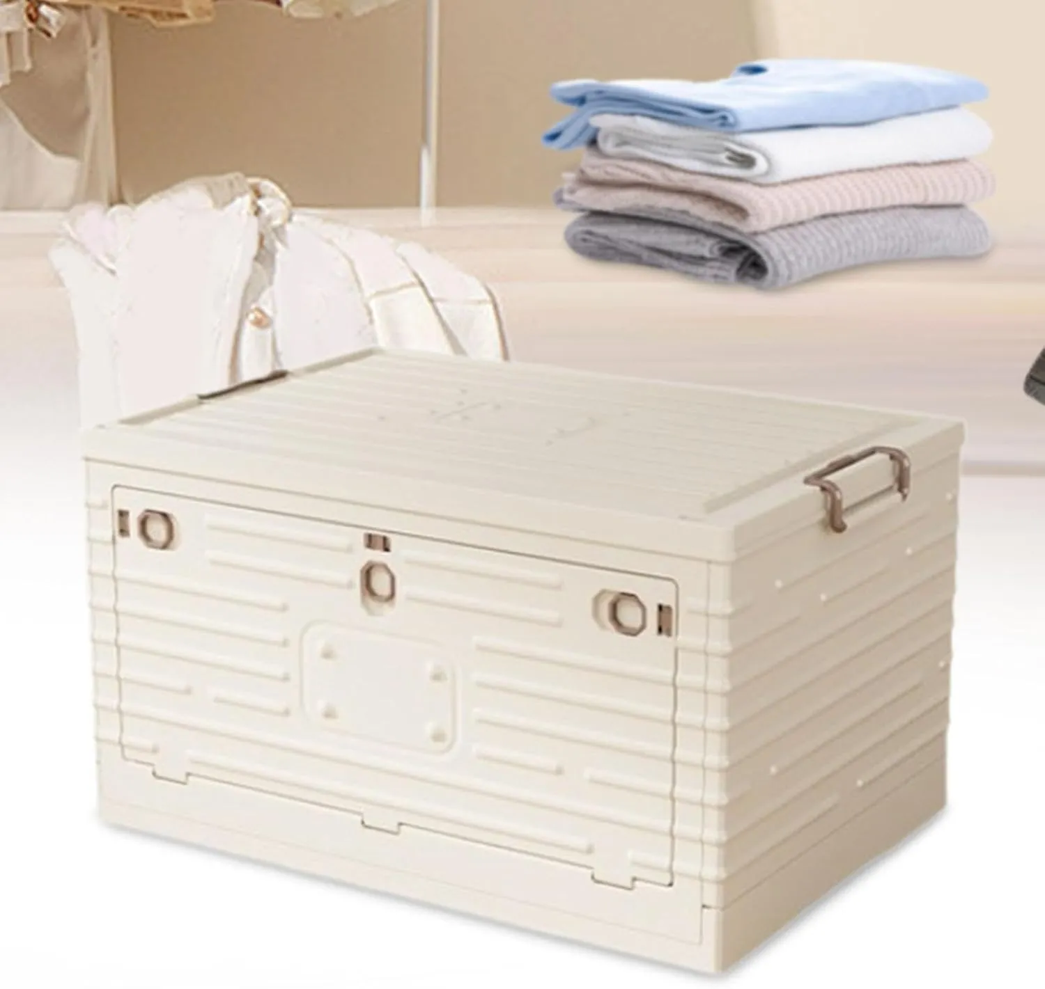 Foldable Storage Bin Book Organizer with Lid and Handle Stackable Organizer Folding Storage Box for Fishing Bedroom Kitchen, White