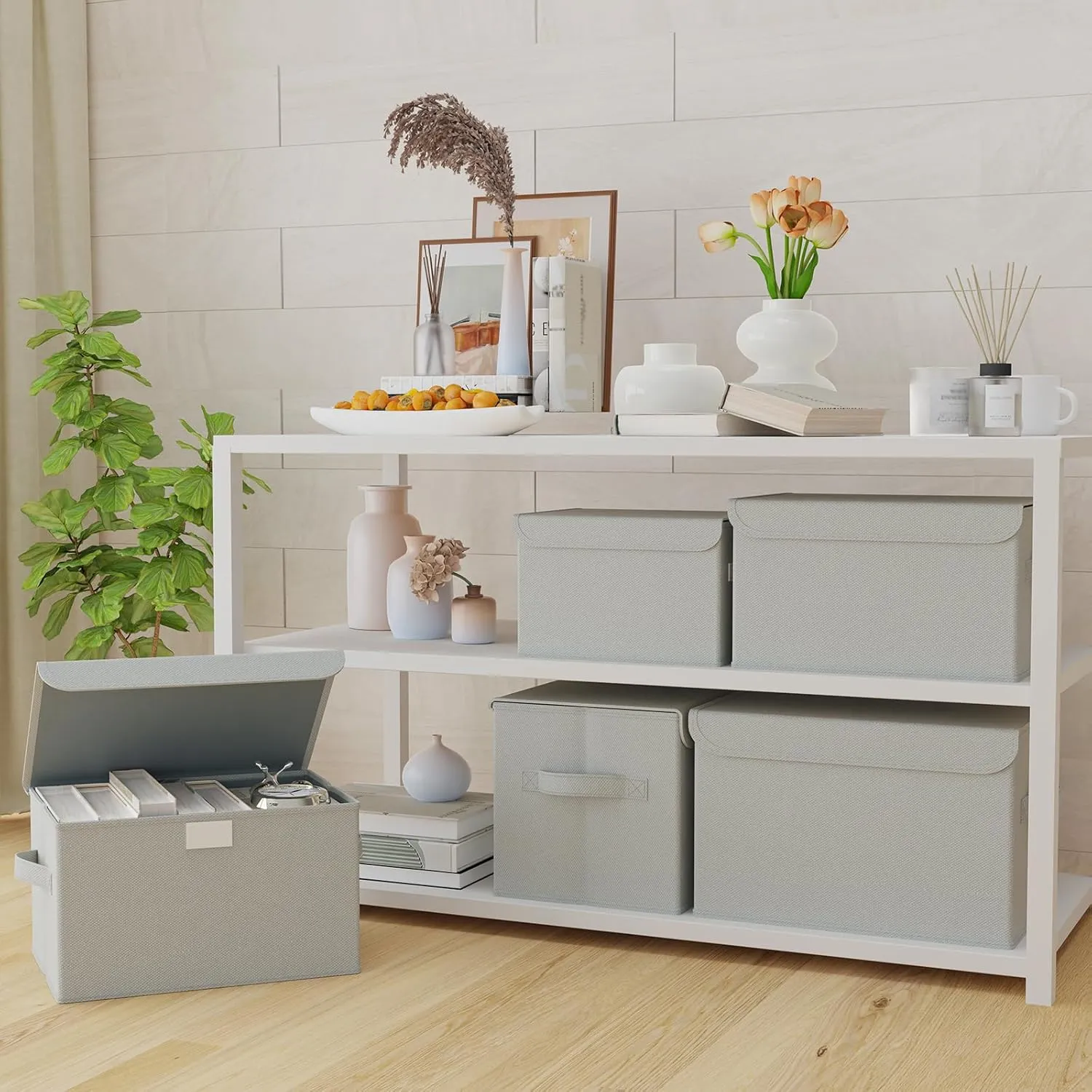 Foldable Storage Bin, Cube Organizer Basket with Flip-Top Lid and 2 Handles, Decorative Boxes for Shelves with Cover for Clothes, Towels, Blanket, 4 Pack, Grey, 13 x 9 x 7.9 In, XSNY12GM-4