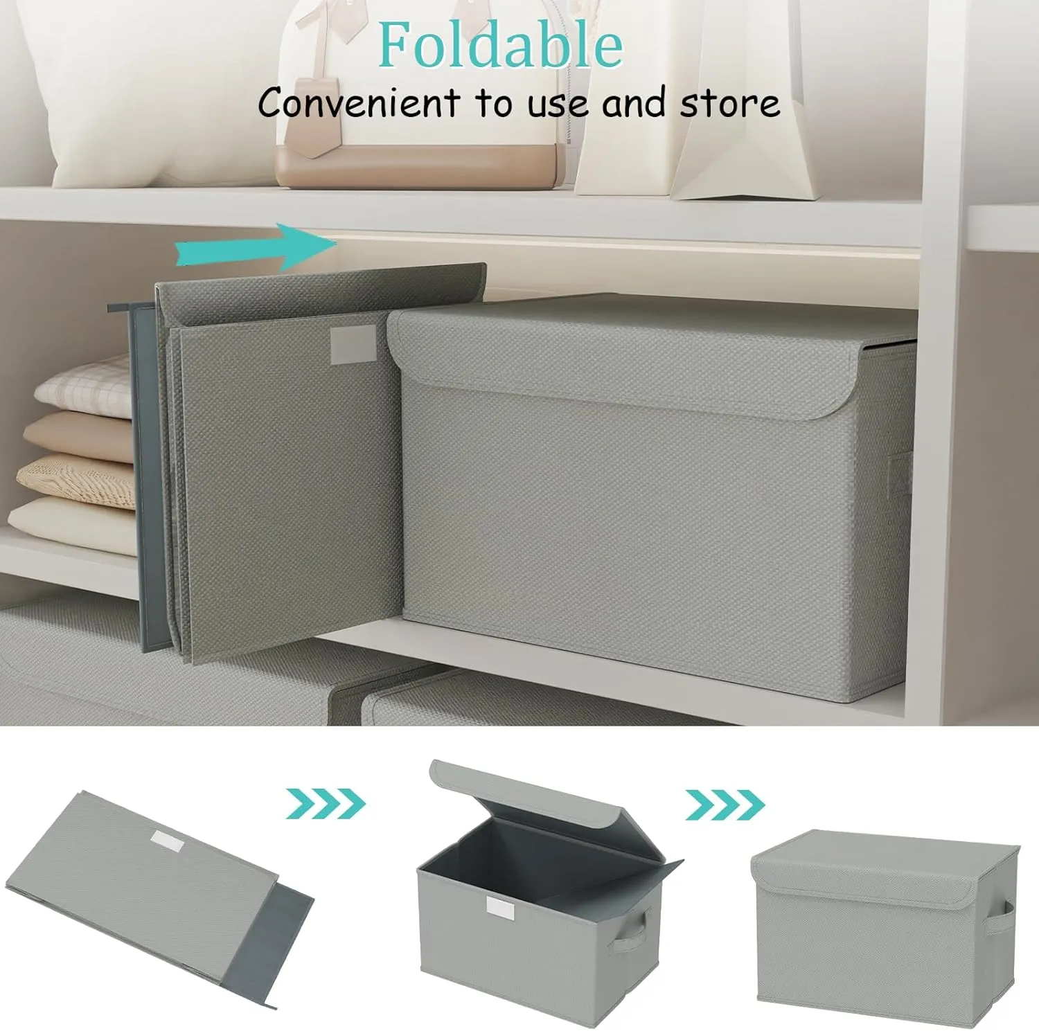 Foldable Storage Bin, Cube Organizer Basket with Flip-Top Lid and 2 Handles, Decorative Boxes for Shelves with Cover for Clothes, Towels, Blanket, 4 Pack, Grey, 13 x 9 x 7.9 In, XSNY12GM-4
