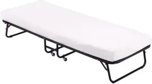 Folding Guest Bed Twin Size Camping Cot with Wheels & Metal Frame, Heavy Duty 330Lbs Capacity, Roll Away Foldaway 3.9 Inch Comfort Foam Mattress, Portable for Adults