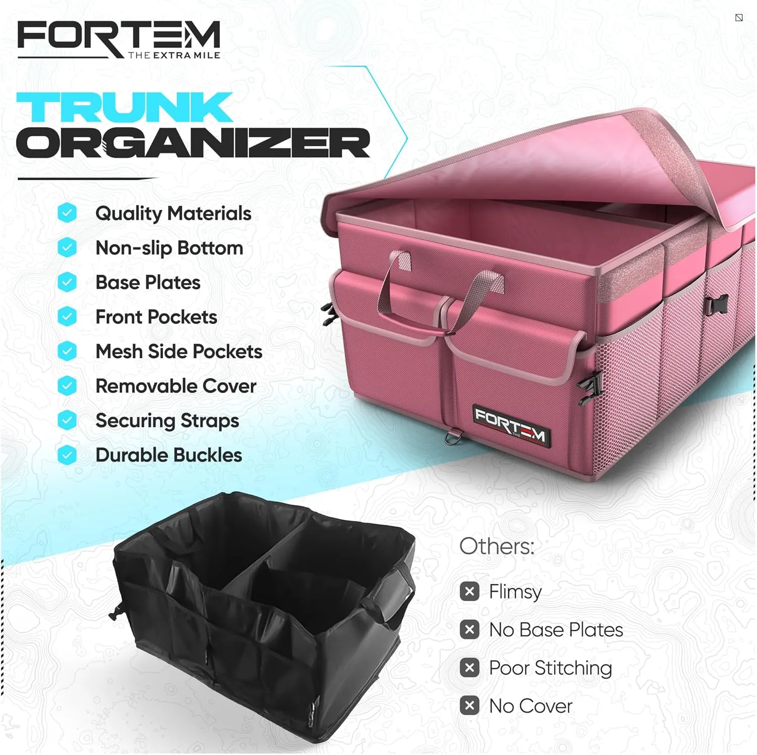 FORTEM Car Trunk Organizer, Collapsible Multi Compartment SUV Organizer, Foldable Storage for Car Accessories for Women Men, 600D Oxford, Non Slip Bottom, Securing Straps, Soft Cover (65L)
