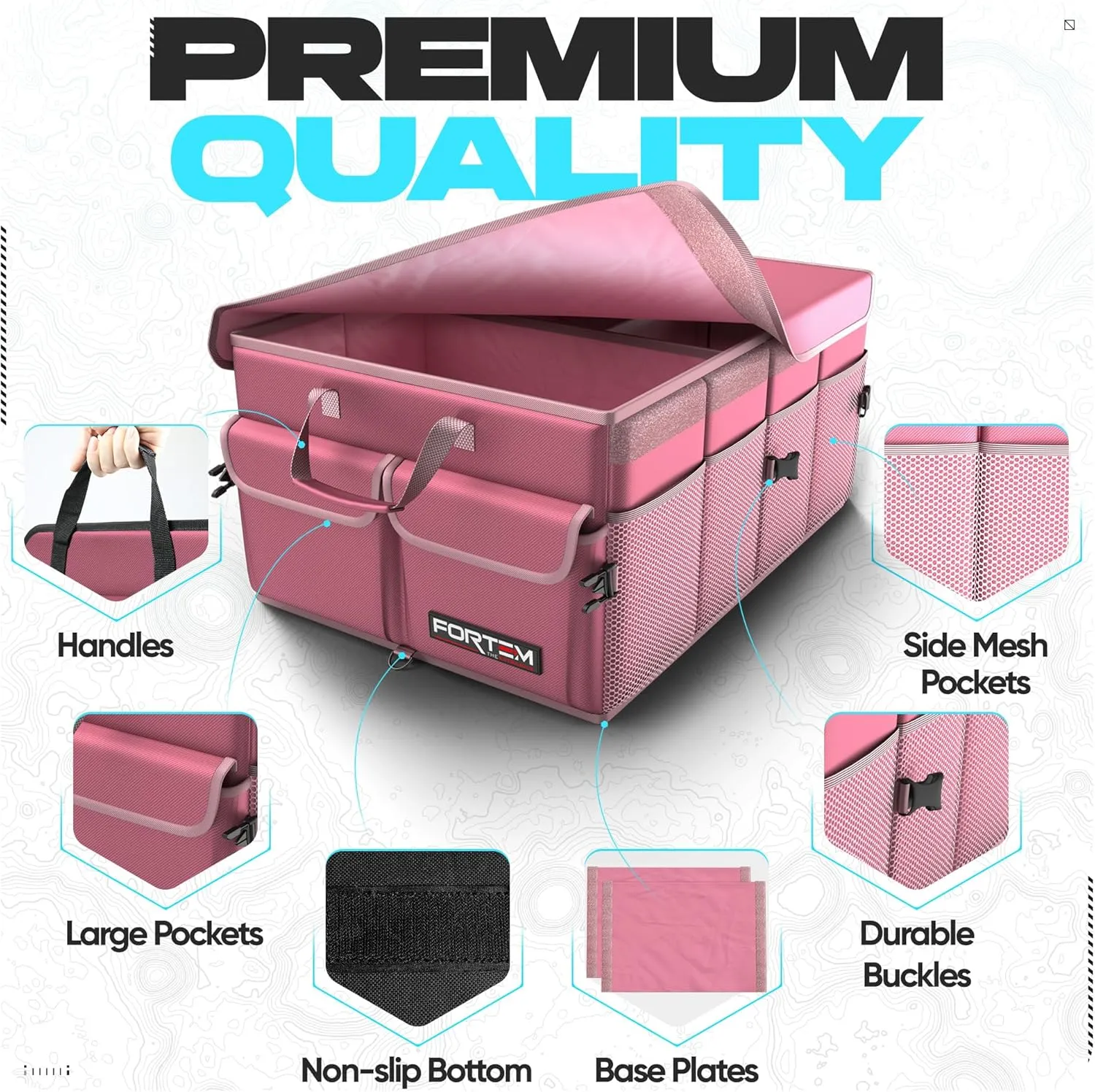 FORTEM Car Trunk Organizer, Collapsible Multi Compartment SUV Organizer, Foldable Storage for Car Accessories for Women Men, 600D Oxford, Non Slip Bottom, Securing Straps, Soft Cover (65L)