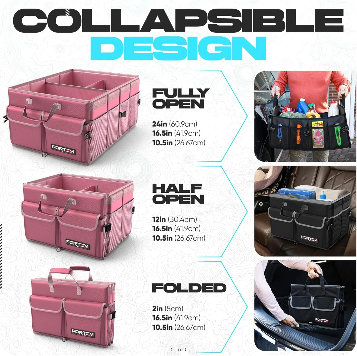FORTEM Car Trunk Organizer, Collapsible Multi Compartment SUV Organizer, Foldable Storage for Car Accessories for Women Men, 600D Oxford, Non Slip Bottom, Securing Straps, Soft Cover (65L)