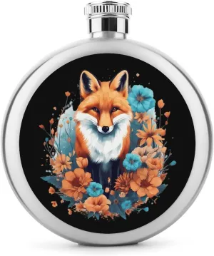Fox Flowers Round Wine Flask 5 Oz Mini Portable Stainless Steel Drinking Flasks for Men Women Travel Home Office