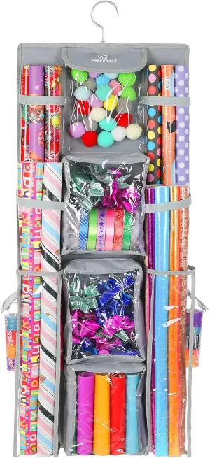 Freegrace Double Sided Hanging Gift Wrap Organizer | Large 16" x 41" Wrapping Paper Rolls Storage Bag | Tearproof & Space Saving Closet Gift Bag Organization Solution (Gray)